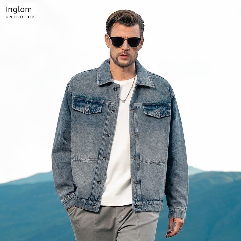 Yingjuelun Autumn and Winter Vintage Washed Distressed Lapel Denim Jacket Men's American High Street Workwear Denim Jacket Trendy