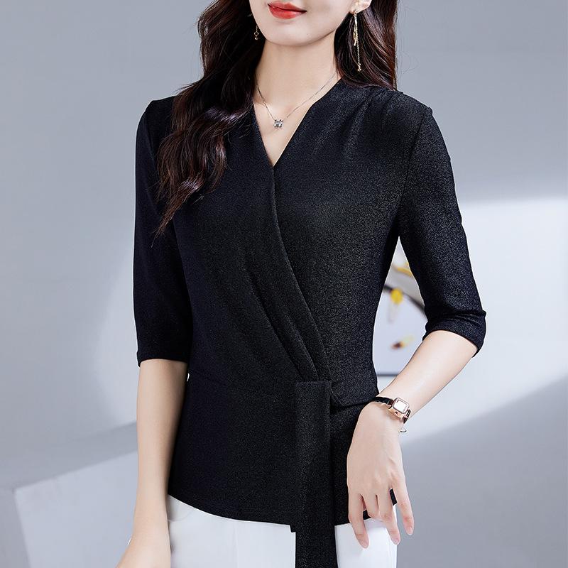 

Сетчатая футболка с V-образным вырезом, женская, с длинным рукавом, перекрестным V-образным вырезом, топы с длинным рукавом, осенние складки, тонкая футболка для женщин S чёрный