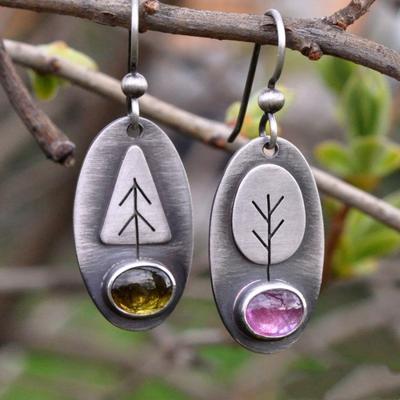Patrón de árbol con gemas sintéticas ovaladas, decoración, pendientes de gancho bohemios, regalo exquisito para mujeres y niñas, informal diario