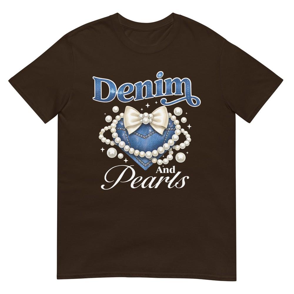 Pearls And Denim Outfit Bow Denim Pearls Ladies Girls Unisex Tshirt