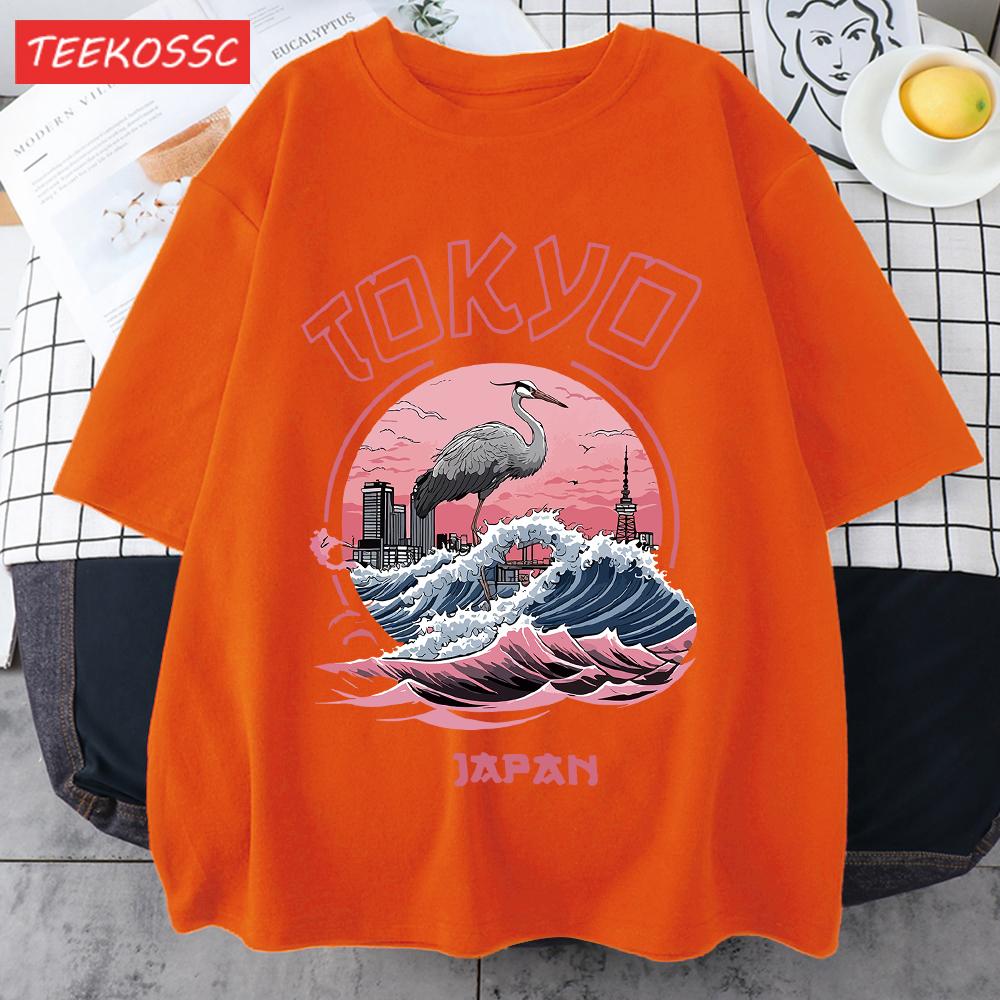 Tokyo Japan Harajuku Crane Waves Men TShirt AllMatch Casual Short Sleeve Cotton Summer Tee Male Hip Hop ONeck Streetwear
