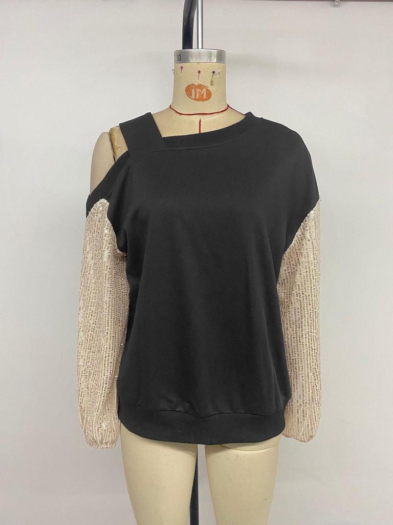 2025 Retro Party Style Women's Sequin Off-Shoulder Color Block Hoodie