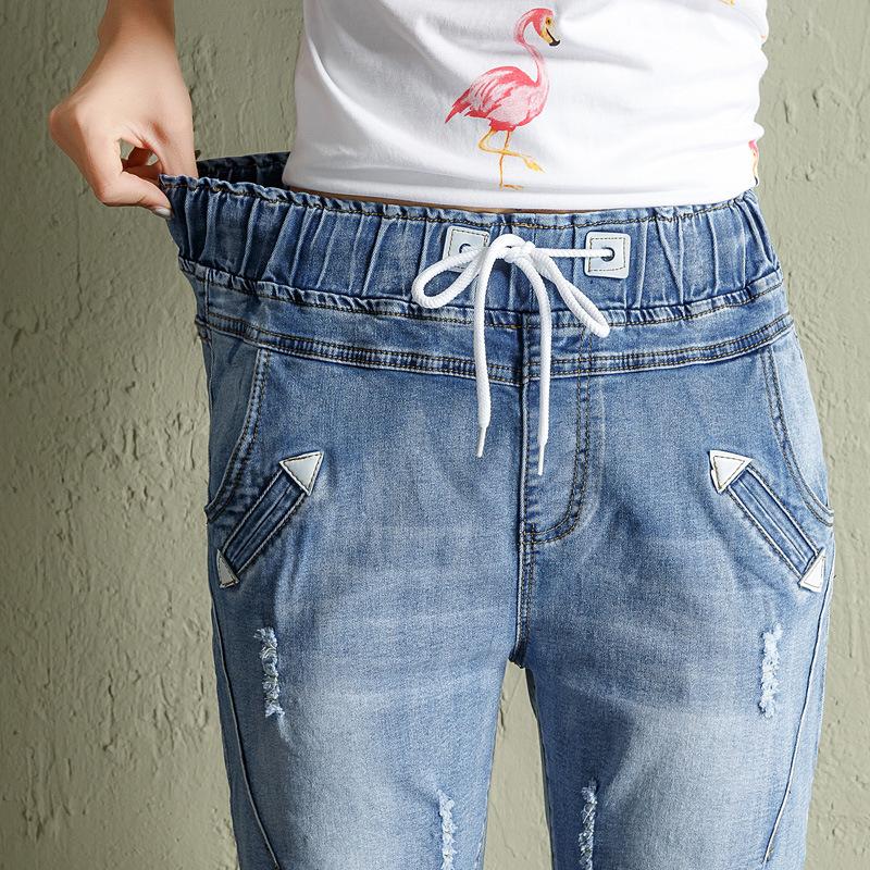 Pantaloni scurți din denim pentru fete de mărime mare, elastici de primăvară, talie înaltă, pantaloni largi rupti cu piciorul lat al cincilea