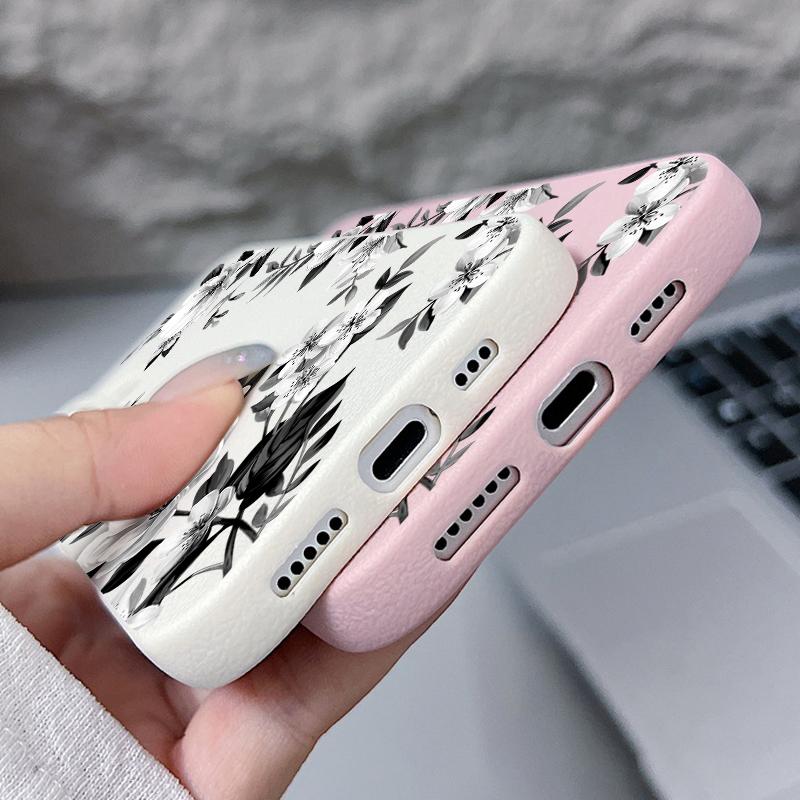 White Flowers Pattern  Luxury Leather Texture Silicone Case For IPhone 17 16 Pro Max 11 12 13 14 15 Pro Soft Phone Cover Fundas