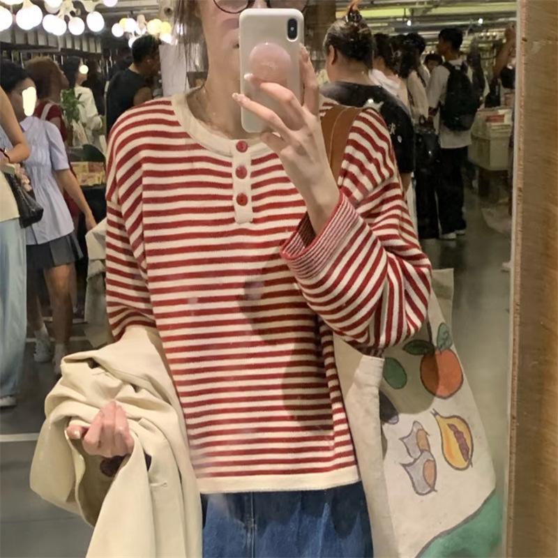Women's Korean-Style Striped Knit Sweater - Round Neck, Loose Fit, Fall 2025 College Fashion