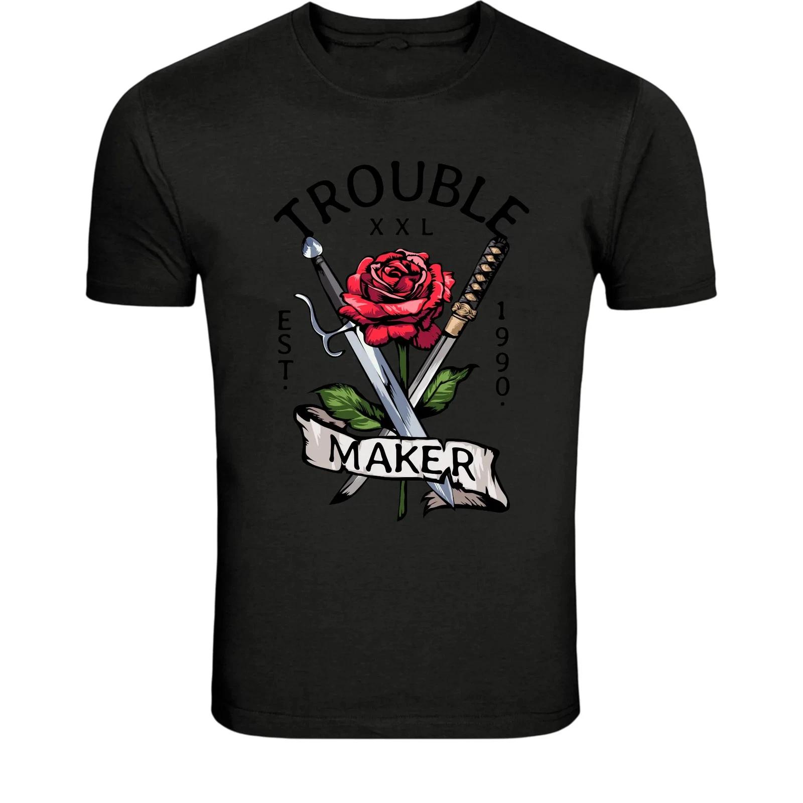 Trouble Maker Rose and Swords T-Shirt - Vintage Tattoo Style S