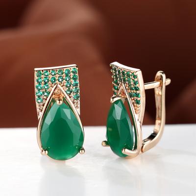 Vintage Yeşil Su Damlası Taş Klip Küpe Kadınlar Için Charm Lüks Altın Renk Hoop Küpe düğün takısı