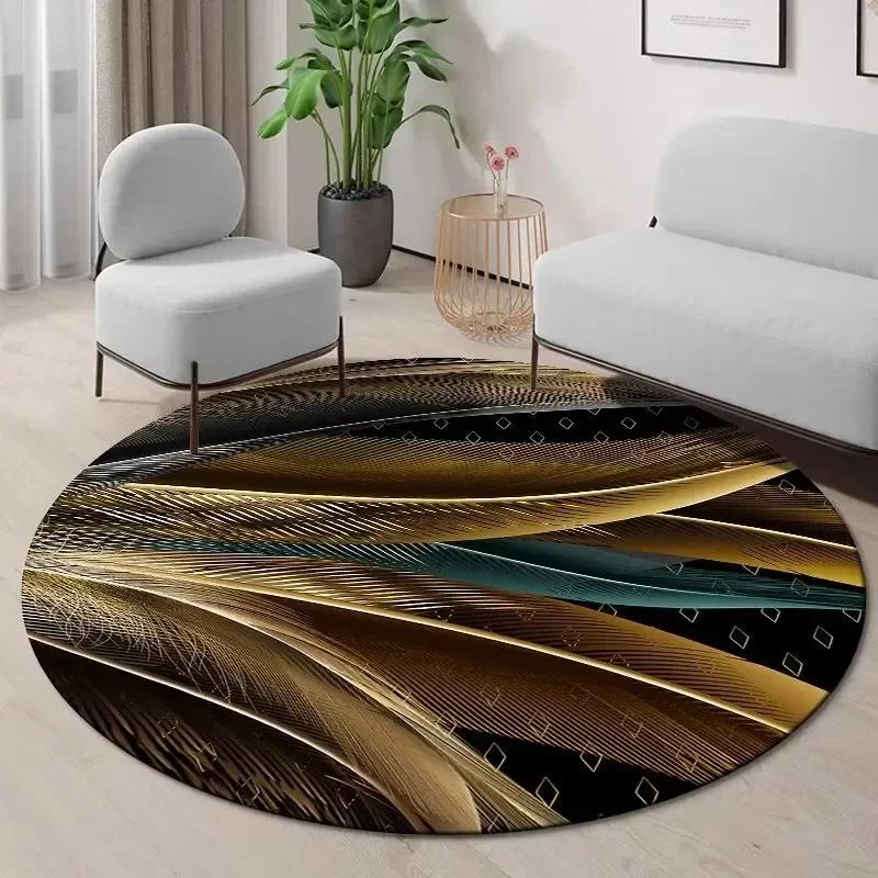 Goldenes Ginkgoblatt Runder Teppich Abstrakt Geometrischer Bereichsteppich für Wohnzimmer Schlafzimmer Küche Dekorativ Rutschfest Innenbodenmatte