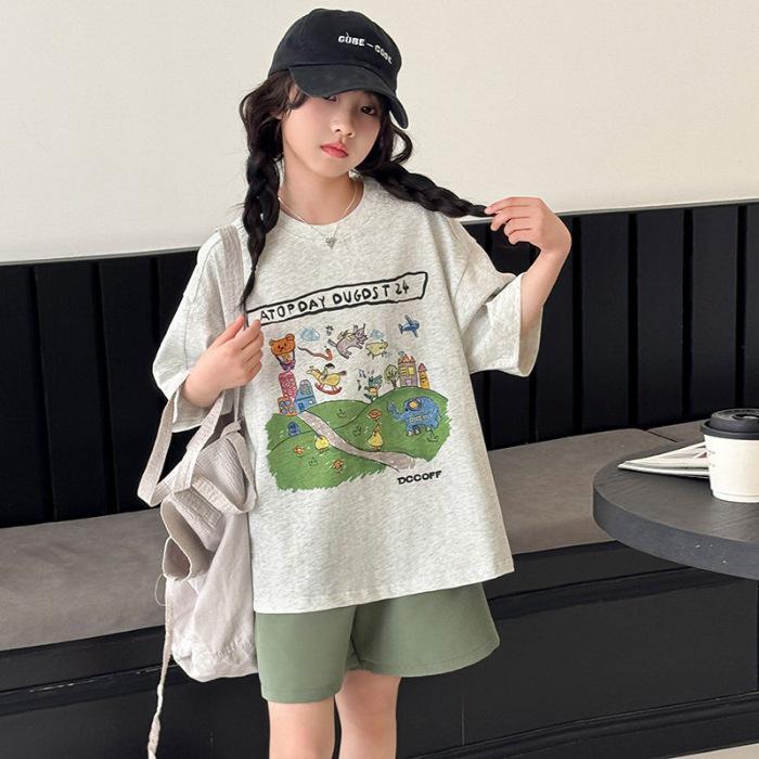 2026 Girls  Korean Style Cartoon T-shirt & Shorts Summer Set for Middle & Big Kids 130 cm
