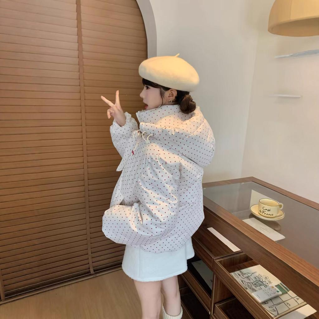 Sweet bow polka dot hooded cotton-padded jacket winter new warm thickened bread clothes cotton clothes women's short trendy