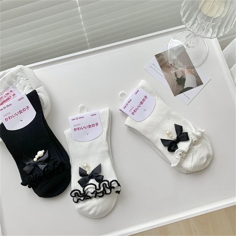 Fashion Harajuku Middle Tube Frilly Socks Women Girls School Student Cute Pearls Bowknot Ruffke Trim Cotton Ankle Socks