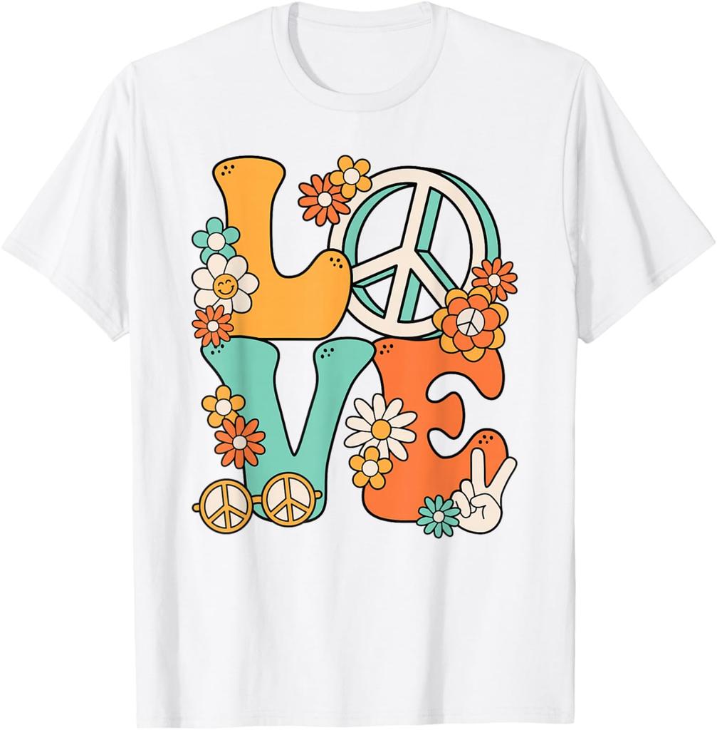 Hippie Love Peace Groovy Flowers Retro 70s Style Graphic Print Cotton T-Shirt Unisex Trip Casual