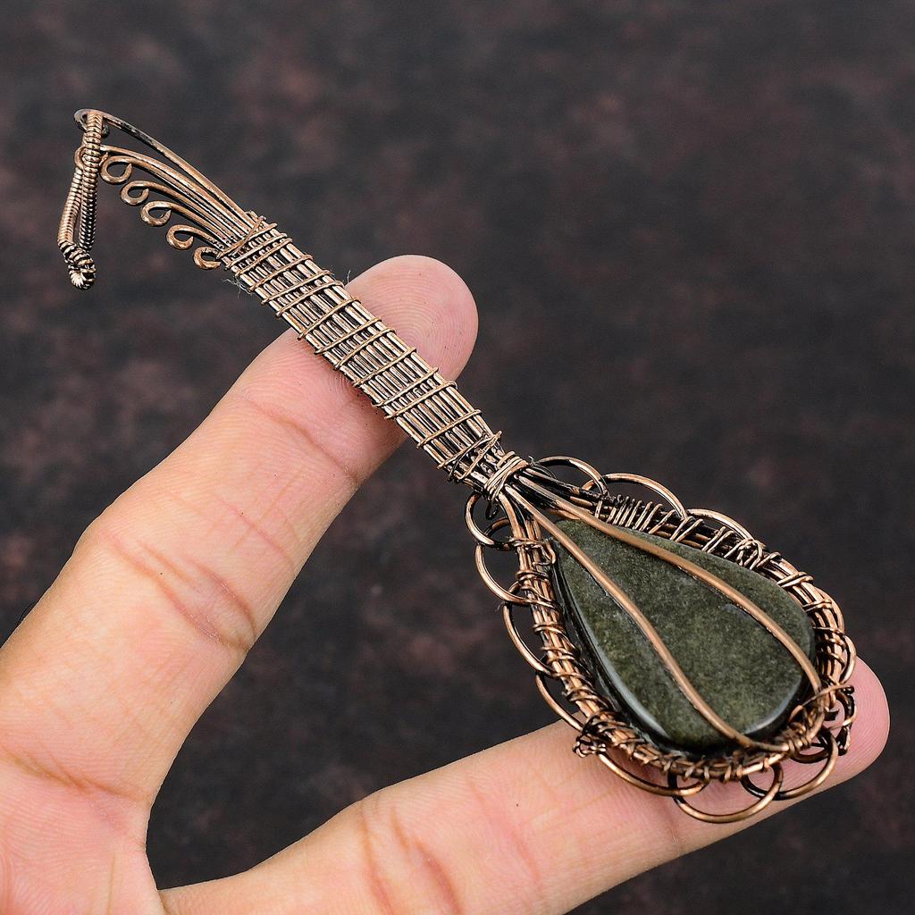 Silver Sheen Obsidian Pendant Copper Wire Wrapped Pendant Guitar Pendant Real Gemstone Copper Jewelry Handmade Wrapped Jewelry Gift For Her