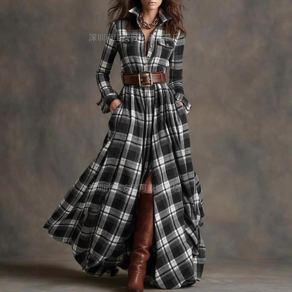 New retro plaid waist and thin irregular design lapel long-sleeved dress women