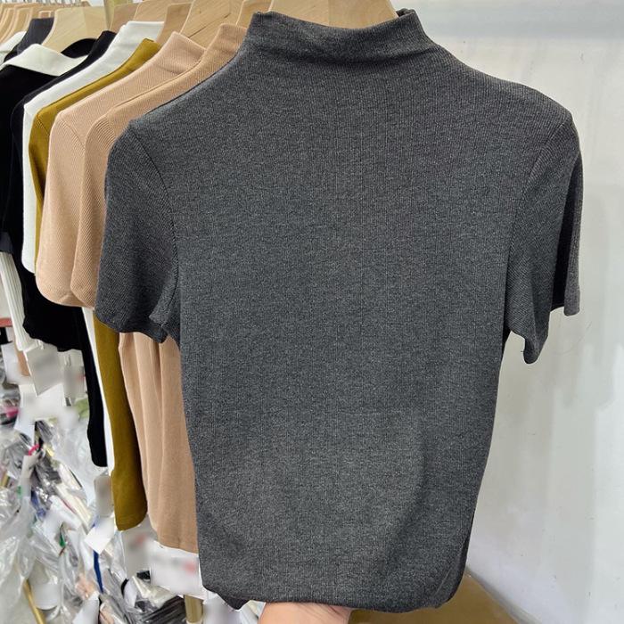 

Semi-turtleneck solid color threaded elastic soft waxy short-sleeved T-shirt women s summer 2025 new slim-fit knitted bottoming shirt S чёрный