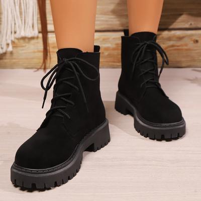 Mode Classique Bottes Noires en Faux Daim Femmes Automne Hiver 2025 Bottines à Plateforme à Lacets Femme Bout Rond Bottines Chaudes Mujer