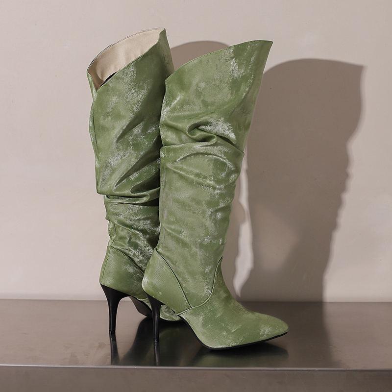 Women's High-heeled Boots, Autumn and Winter New European and American Style Solid Color Pointed Toe Thin Heel Oversized Casual Boots