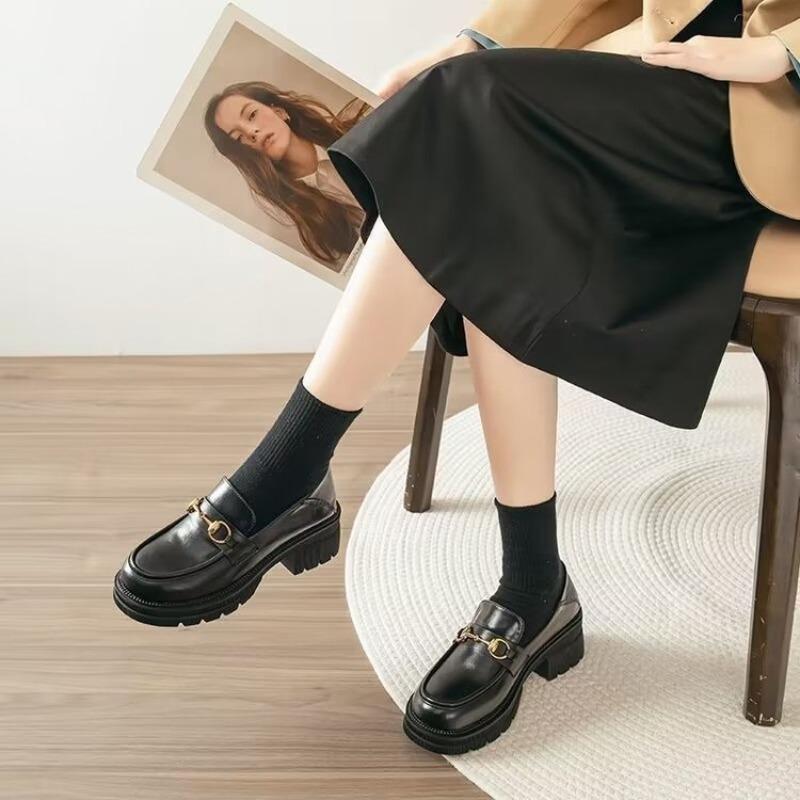 Women'S British Style Slip-On Loafer Shoes Fall Platform Metal Buckle Comfort Casual Vintage Office Daily Walking Sneakers