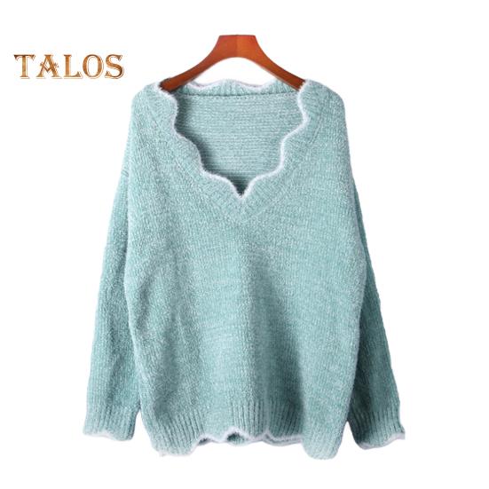 Женский свитер с длинным рукавом свободный крой V-образный вырез вязаный свитер женский повседневный джемпер пуловер топ для осени и зимы M зелёный 2819₽