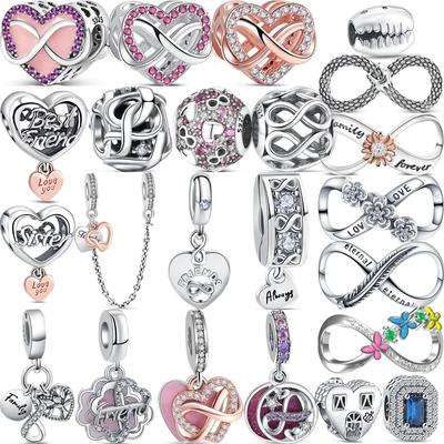 Argento Sterling 925 100% Stile Eternità Infinito Amore Famiglia Amico Perline Lucenti Adatte Bracciale Charm Originale Gioielli Fai da Te