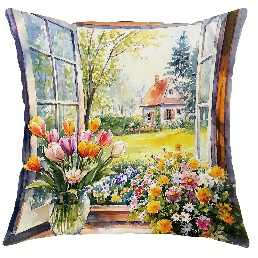 1/4pcs 2D Flat- Watercolor Spring Cottage Garden Throw Pillow Cover Home farmhouse outdoor decoration cushion cover