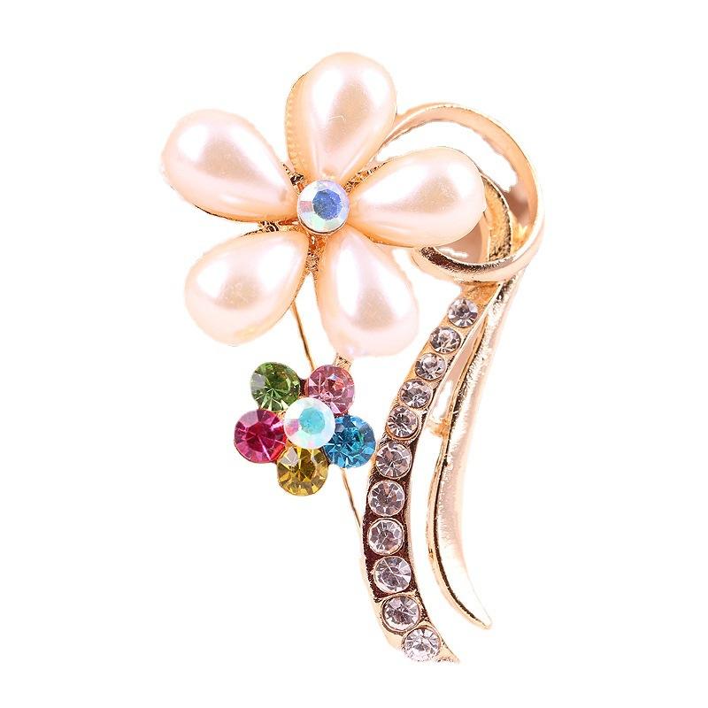 Fashionable Crystal Five-petal Flower Alloy Pearl Brooch Pin Female Corsage Female Exquisite Hypoallergenic Luxury Enamel Brooch Long-Lasting Color