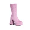 European and American New Square Head High Heel Thick Heel Sequined Horn and Fashion Medium Boots Street Performance Shoes Large Size