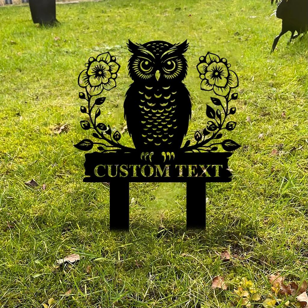 Metal Garden Decor Owl Flower Sign, Personalized Yard Art Outdoor Gift for Mom, Rustproof Metal Stake