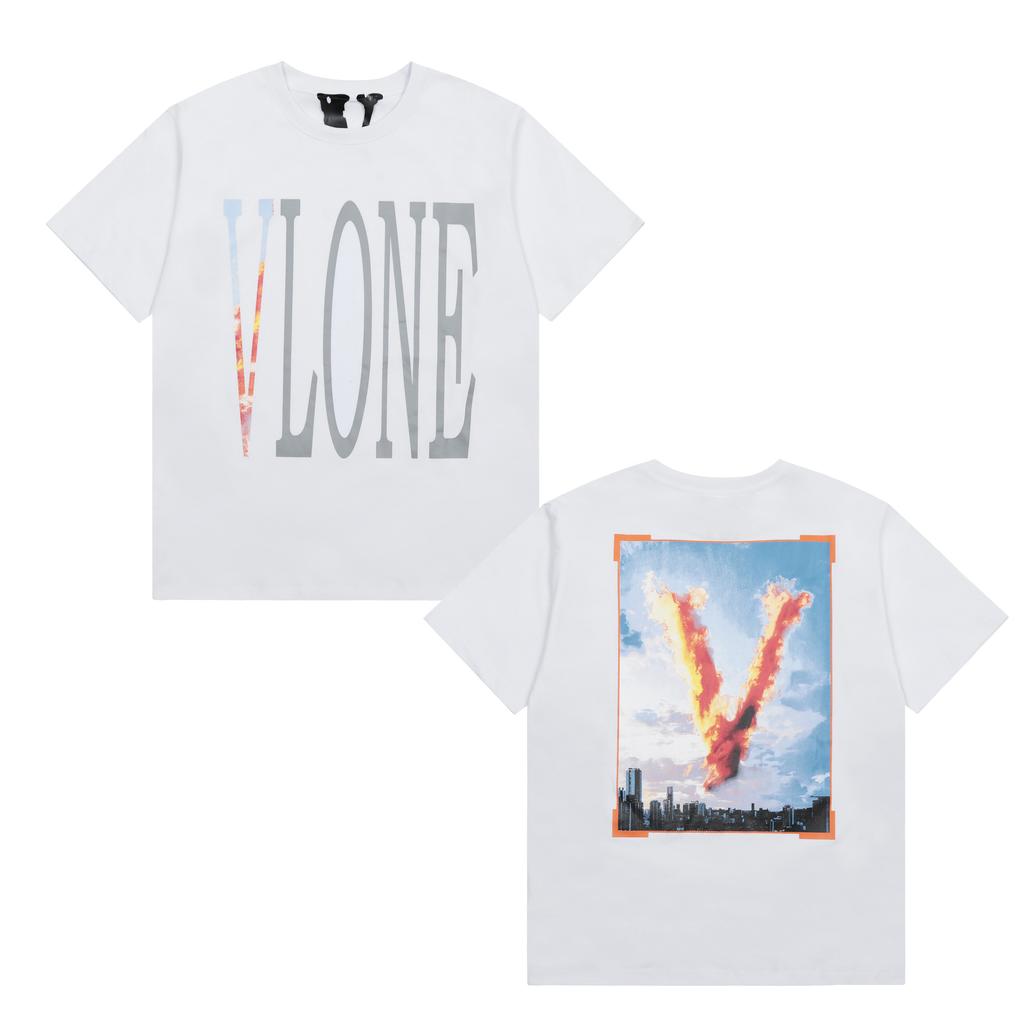 Vlone City Fire V Print Oversized T-shirt, Men's and Women's Casual Hip Hop Streetwear Short Sleeve Tee