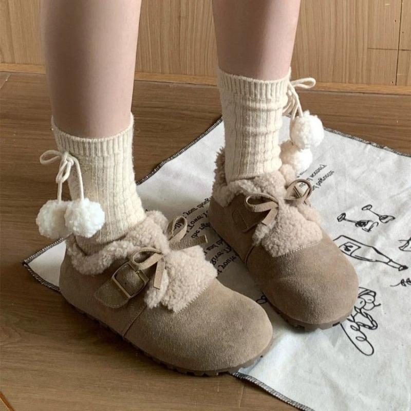 Bow Sweet Cool Wind Women's Winter New Velvet Flat-bottomed Lace-up Cotton Shoes Snow Boots