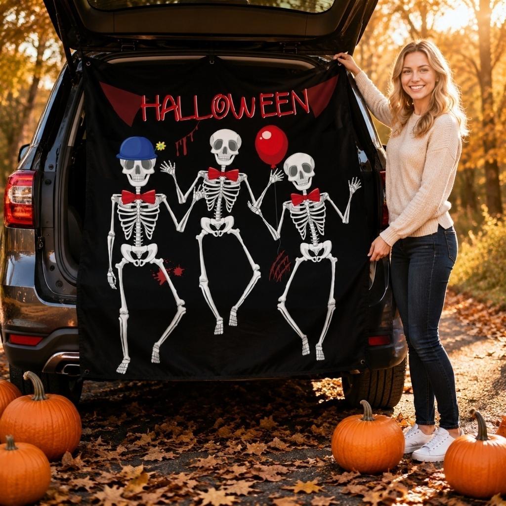 Halloween Skeleton Trunk Polyester Hanging Flag for Car Trunk Party Decoration