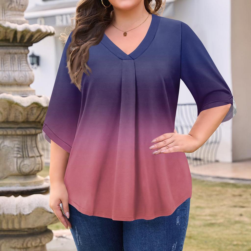 Women's Fashion Large Size Print V-Neck Three-quarter Sleeve Top