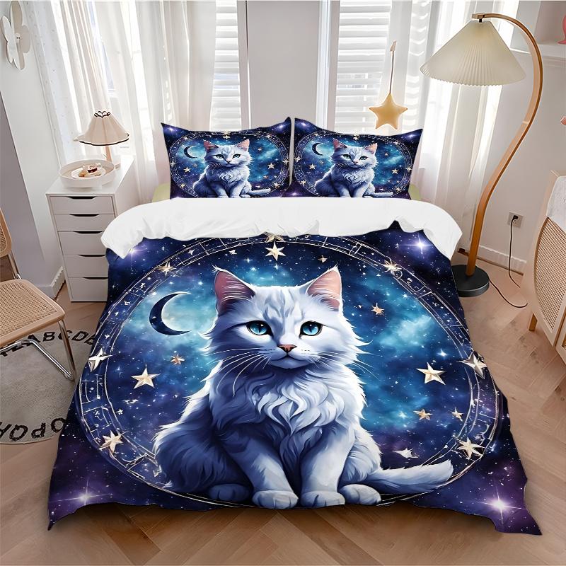 3pcs Starry Cat Design Bedding Set - Includes Quilt Cover and Pillowcases, Suitable for All Seasons, Machine Washable - Ideal Gift for Famil