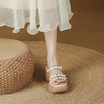 Thick-soled Cool Slippers Women's Summer New Wedge Heel Muffin Fashion Outer Wear One-word Buckle with Open-toed Slippers Roman Shoes Women