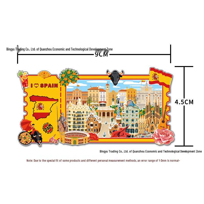 European Souvenir Magnet: Italy & Spain Wooden Decoration