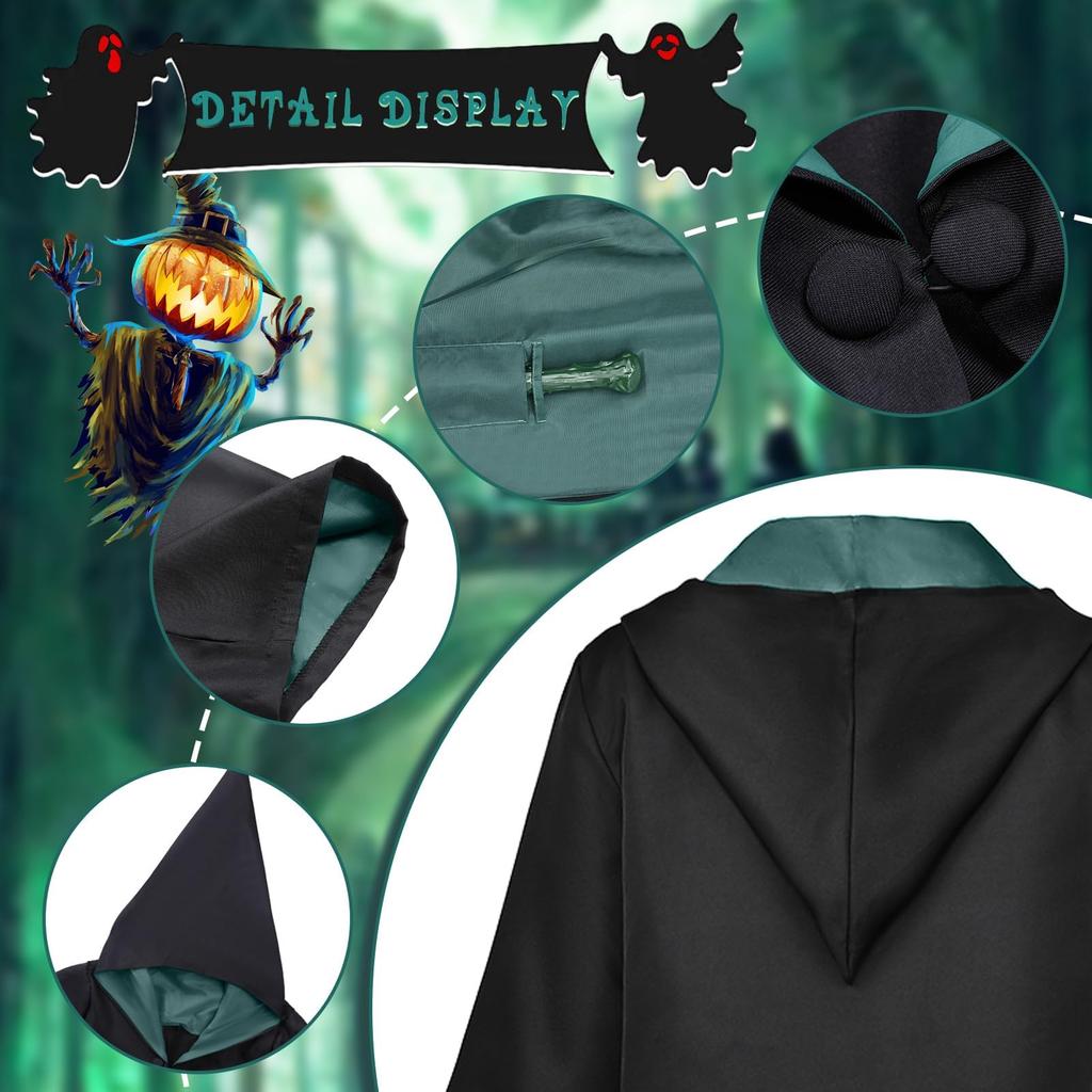 Formemory Halloween Costume Complete Includes and Magic Wand and Lights Unisex Cosplay Magic Wand Size Set, 4-Piece Set, Green, Robe, Necktie, Scarf,