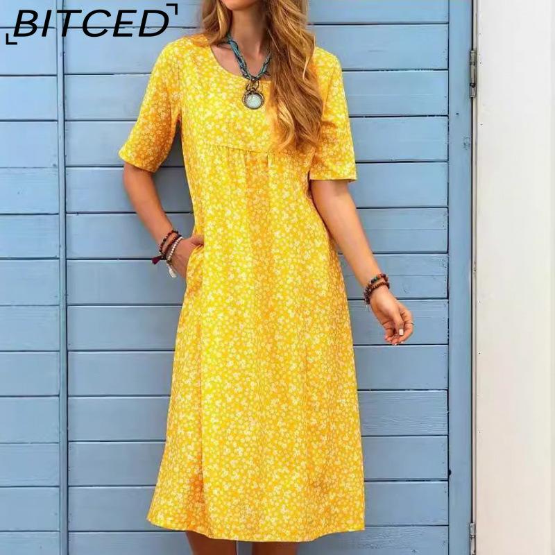 

BITCED Жіноча мода, літо, весна, суцільні повсякденні сукні з коротким рукавом, круглим вирізом і високою талією. S жовтий