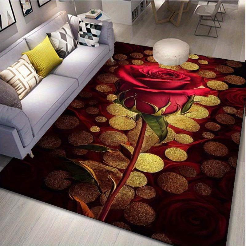 Red Rose Gold Coin Rug for Romantic Bedroom Luxury Floral Design Living Room Carpet Anti Slip Carpet Can Be Machine Washed