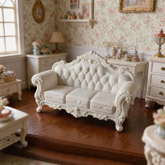 Miniature Vintage Sofa for Dollhouse, Mini Retro Couch Figurine, Tiny Lounge Chair Model, 1/12 Scale Dollhouse Furniture Decor Accessories
