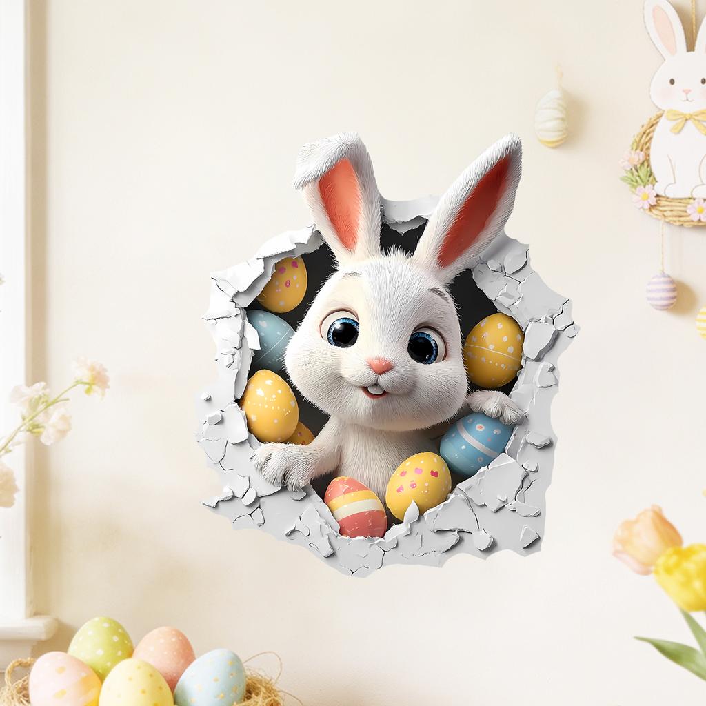 3D Breaking Wall Bunny with Flowers Wall Sticker Self-Adhesive Removable for Kids Room Home Decor