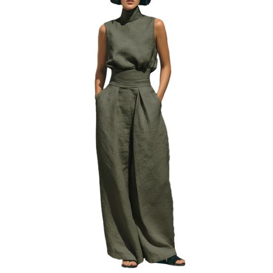 Faux Linen Summer 2 Piece Outfit Sleeveless Stand Collar Top And Wide L армия зеленый