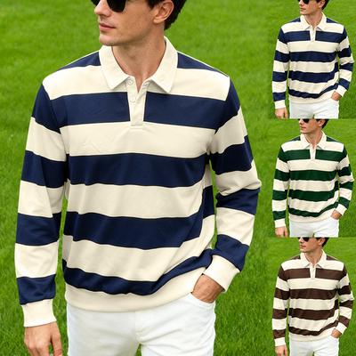 New Men's Long-Sleeved Polo Shirt: Relaxed Fit, Lightweight, Mature-Style Striped Casual T-Shirt