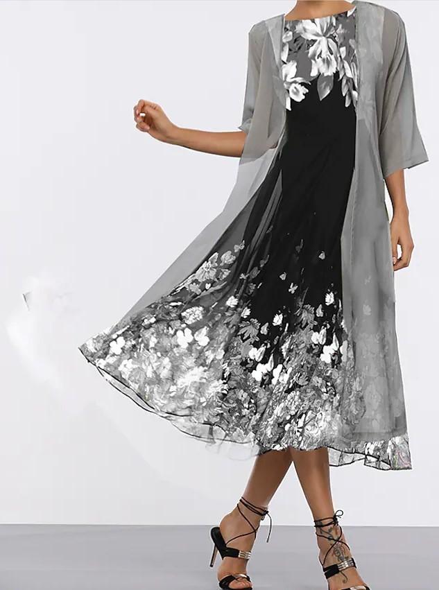 Elegant Summer Chiffon Dress Set With Floral Print For Office Wear