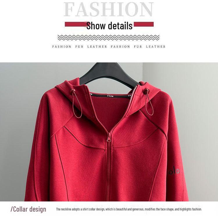 Stylish Red Hooded Zipper Hoodie & Wide-Leg Pants Set for Women, Autumn/Winter, Perfect for Chinese New Year.