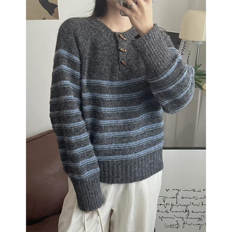 Corner Button Pullover Sweater Autumn and Winter New Color Matching Striped Soft Waxy Casual Loose Knitted Sweater Women