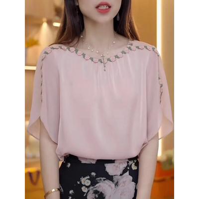 Summer Women's Pink Chiffon Blouse Rhinestone Trim Neckline Cape Sleeve Elegant Top