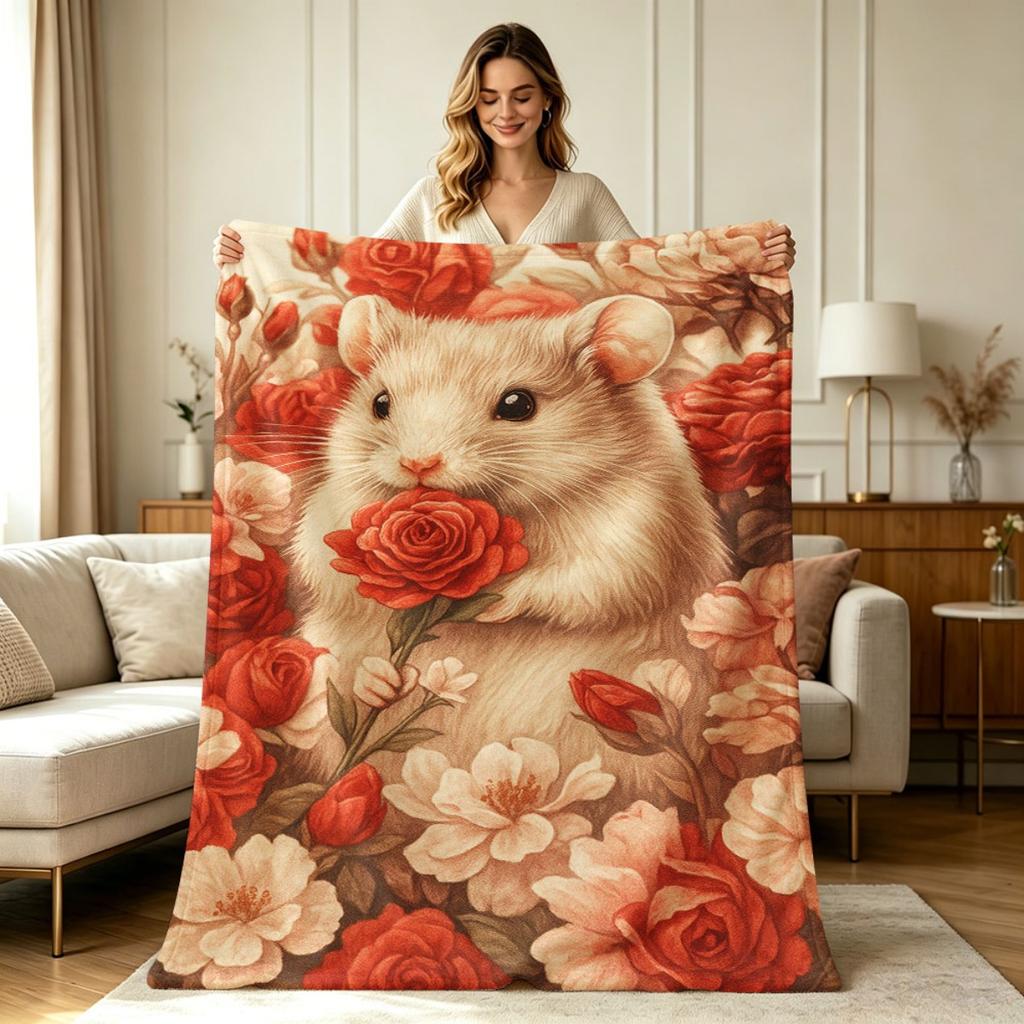 Soft Flannel Blanket with Cute Hamster And Rose Floral Print All-Season Warm Throw Blanket for Sofa Couch Bedroom Living Room Office Home Decor