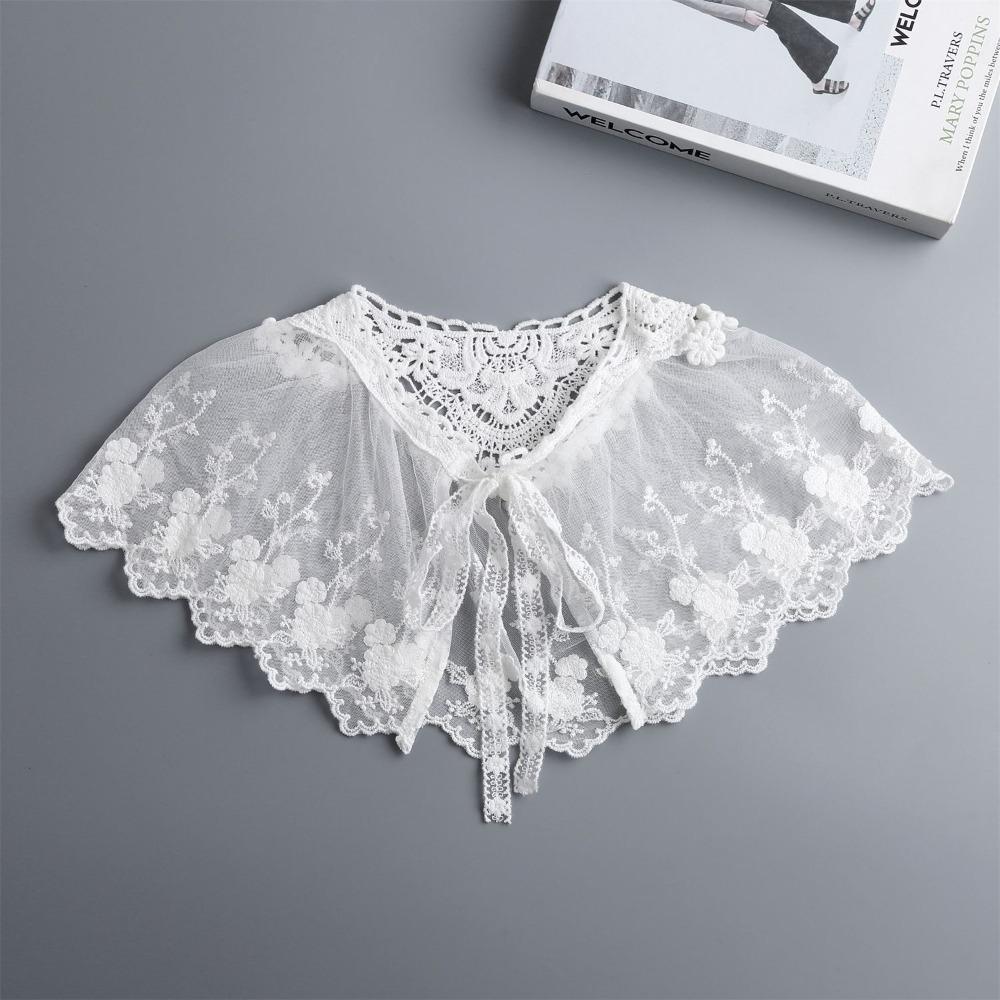 Elegant Embroidery False Collar Floral Lace Bowknot Lace-Up Scarf Detachable Chiffon Pleated Collar Women