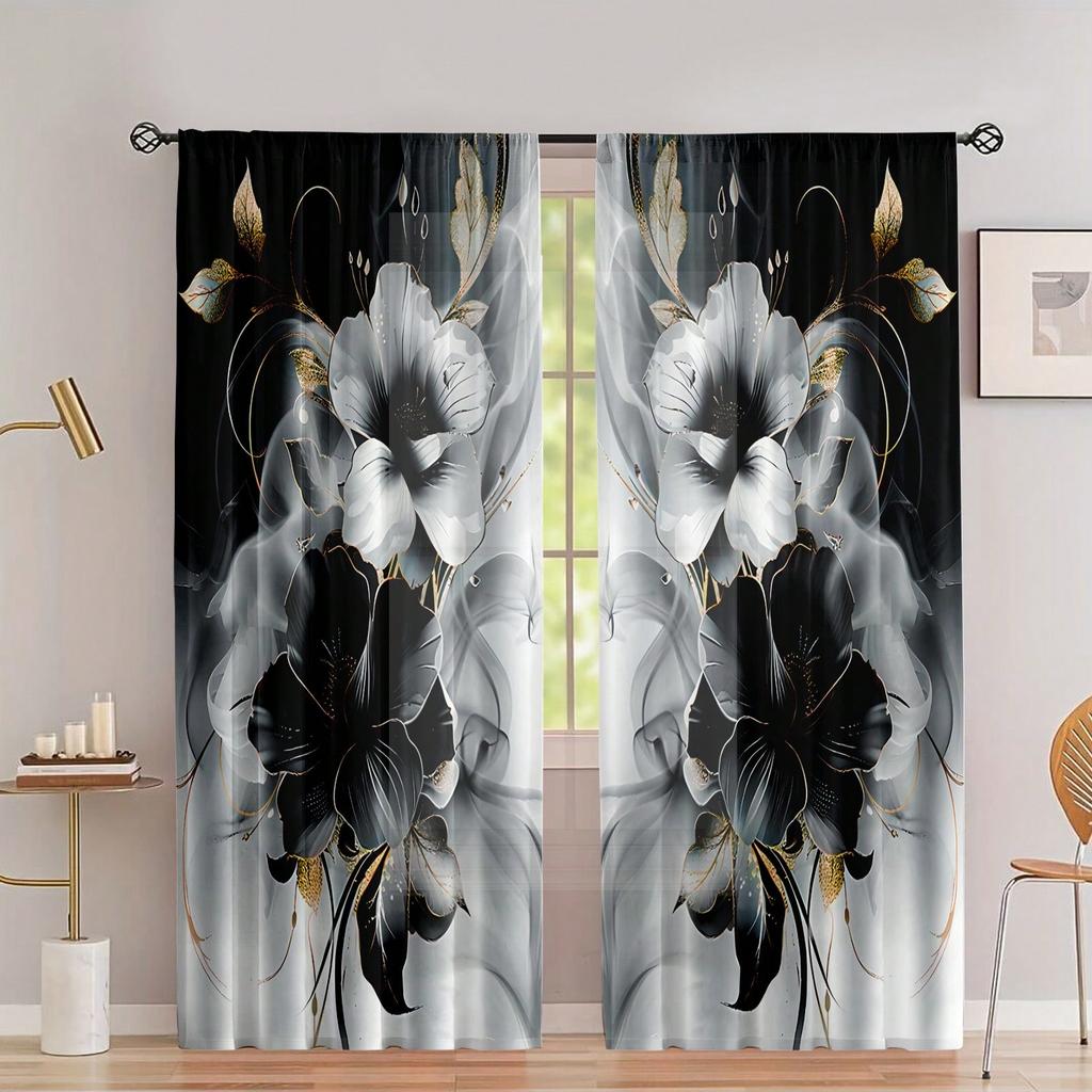 Set Of 2 Polyester Material Floral Watercolor Print Semi Curtains Golden Trim Suitable Bedroom Living Room Office Curtain With Light Filtering Perfect