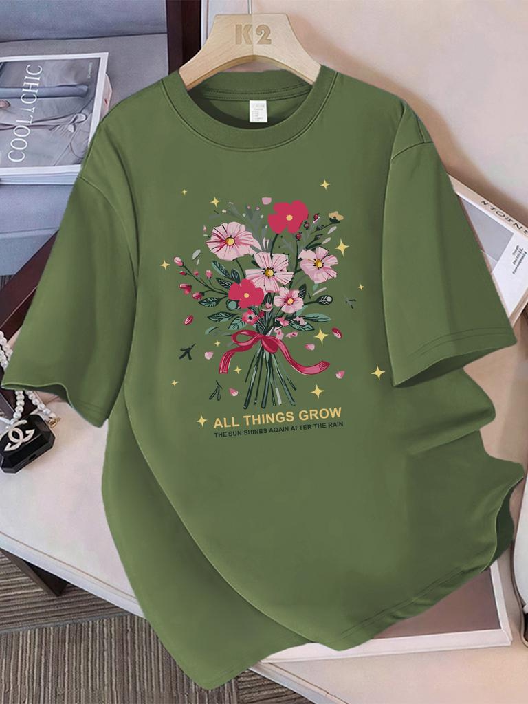 Summer T-Shirts Women Cotton All Things Grow Beautiful Flowers Print Tops Loose O-Neck Soft Comfortable T Shirt Casual Clothes